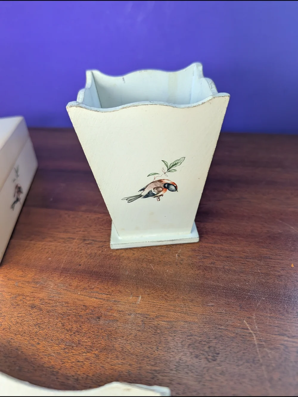 Vintage Italian Lacquered Wood 3-Piece Vanity Dresser Set Decoupage Bird Design